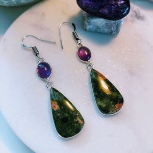 Unakite with Amethyst 925 Silver Earrings